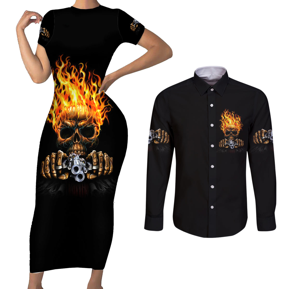 Dilligaf Flame Skull With G Couples Matching Short Sleeve Bodycon Dress and Long Sleeve Button Shirt - Wonder Print Shop