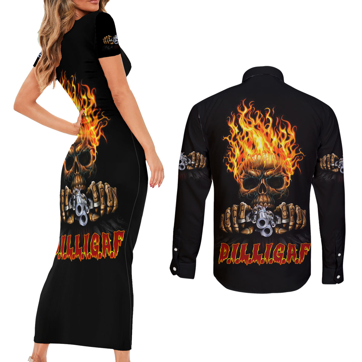 Dilligaf Flame Skull With G Couples Matching Short Sleeve Bodycon Dress and Long Sleeve Button Shirt - Wonder Print Shop
