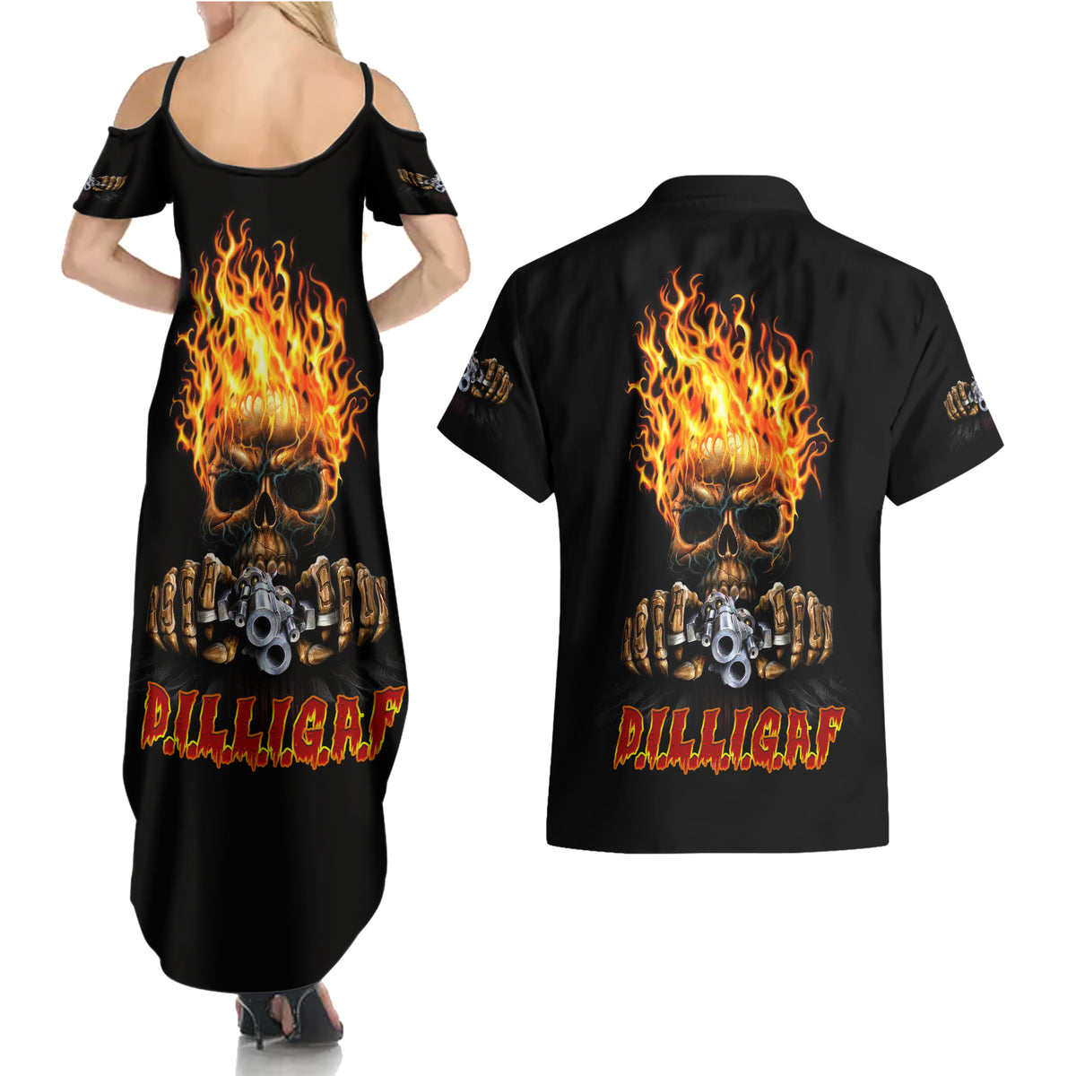 Dilligaf Flame Skull With G Couples Matching Summer Maxi Dress and Hawaiian Shirt - Wonder Print Shop