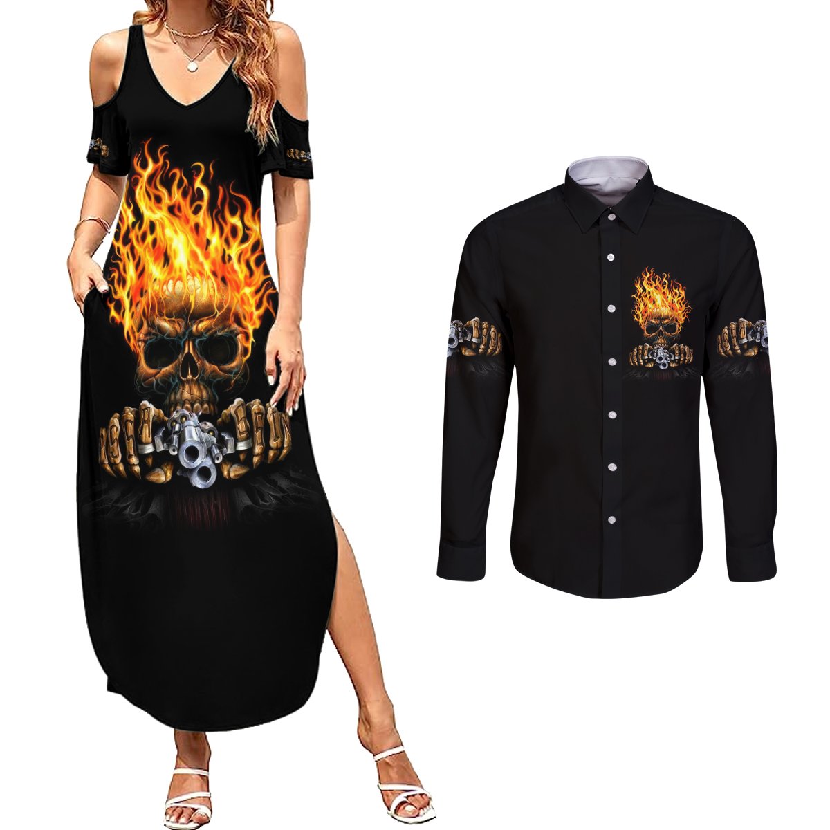Dilligaf Flame Skull With G Couples Matching Summer Maxi Dress and Long Sleeve Button Shirt - Wonder Print Shop