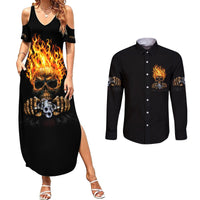 Dilligaf Flame Skull With G Couples Matching Summer Maxi Dress and Long Sleeve Button Shirt - Wonder Print Shop