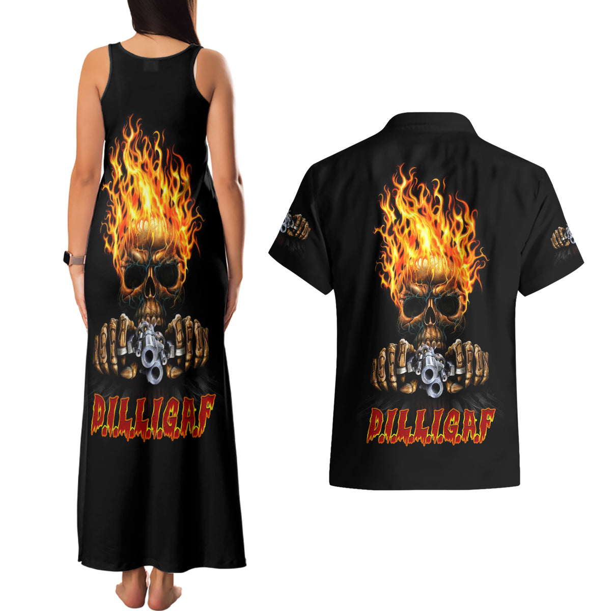 Dilligaf Flame Skull With G Couples Matching Tank Maxi Dress and Hawaiian Shirt - Wonder Print Shop