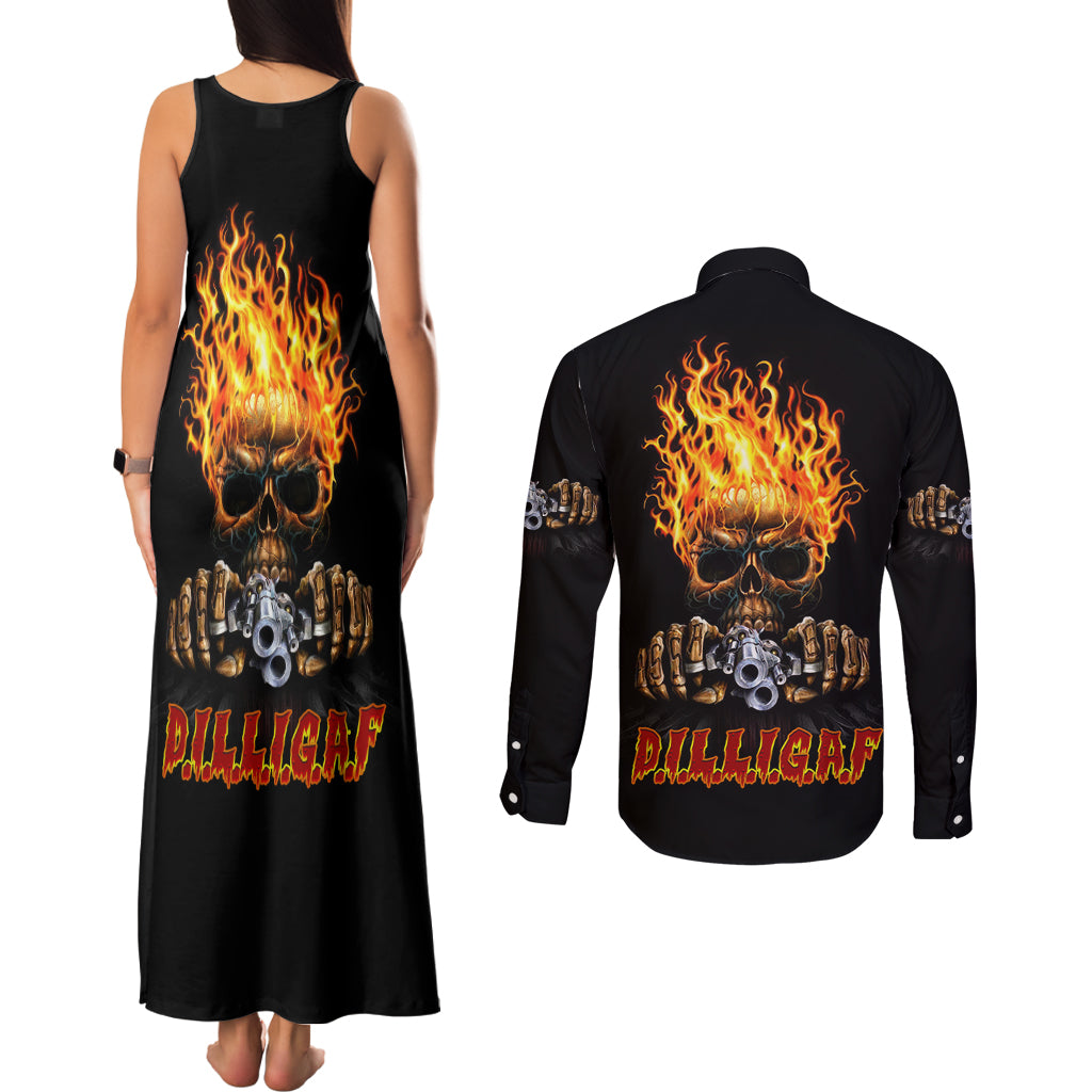 Dilligaf Flame Skull With G Couples Matching Tank Maxi Dress and Long Sleeve Button Shirt - Wonder Print Shop