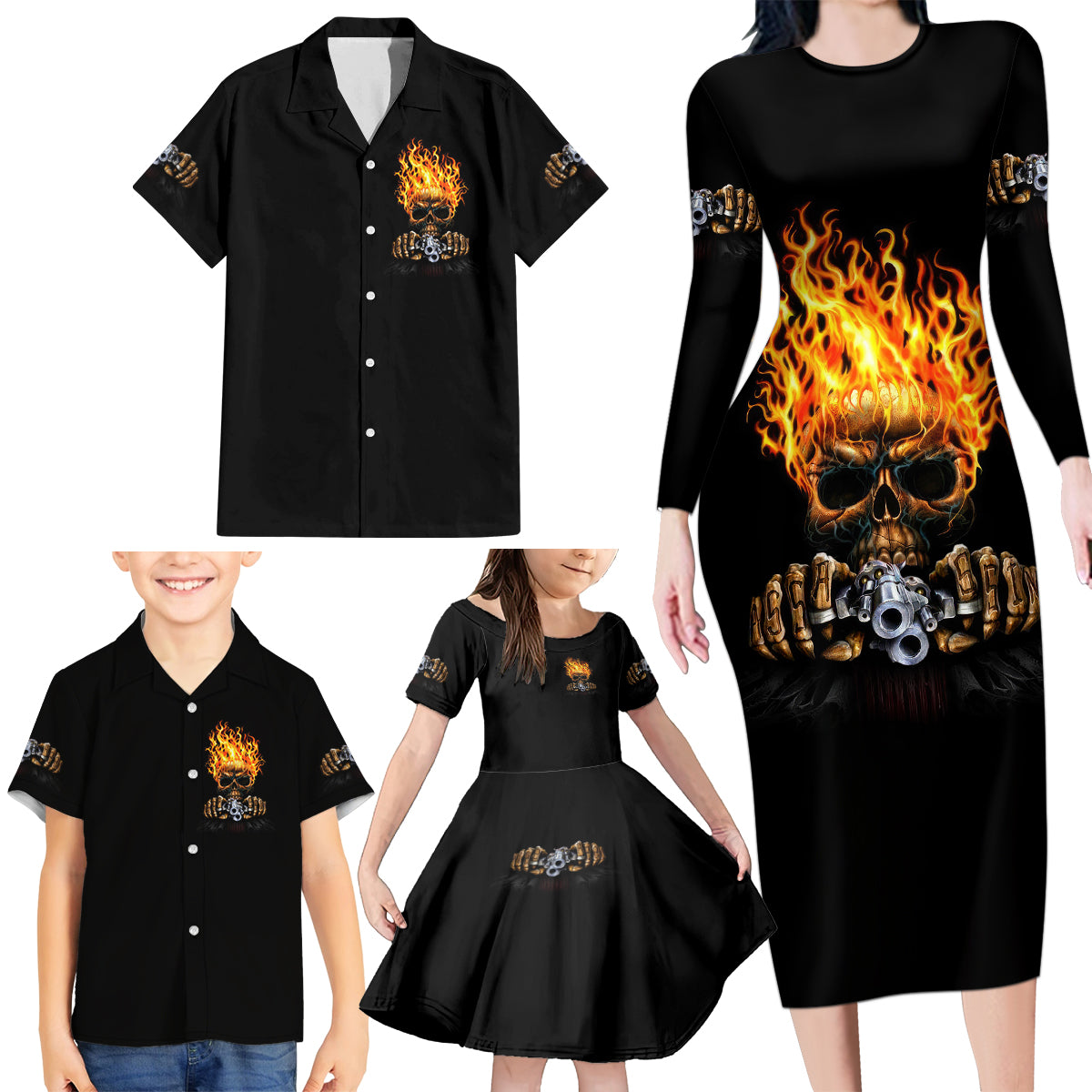 Dilligaf Flame Skull With G Family Matching Long Sleeve Bodycon Dress and Hawaiian Shirt - Wonder Print Shop