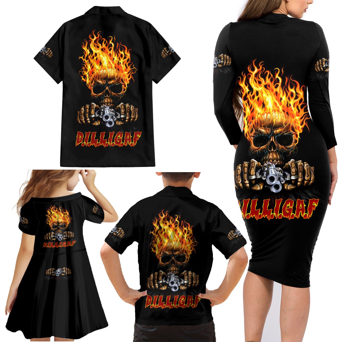 Dilligaf Flame Skull With G Family Matching Long Sleeve Bodycon Dress and Hawaiian Shirt - Wonder Print Shop