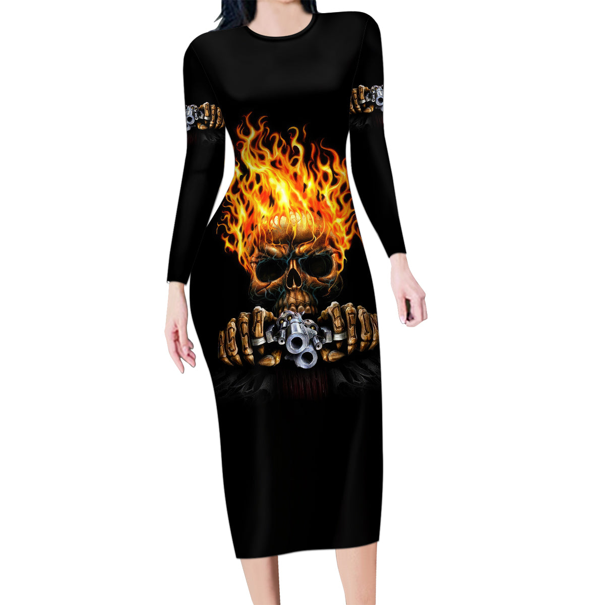 Dilligaf Flame Skull With G Family Matching Long Sleeve Bodycon Dress and Hawaiian Shirt - Wonder Print Shop
