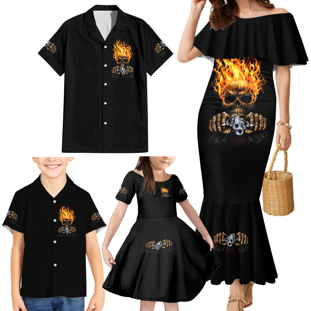 Dilligaf Flame Skull With G Family Matching Mermaid Dress and Hawaiian Shirt - Wonder Print Shop