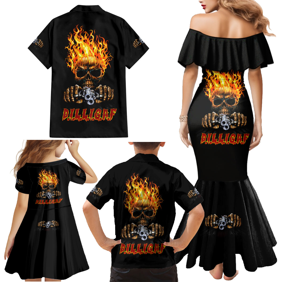 Dilligaf Flame Skull With G Family Matching Mermaid Dress and Hawaiian Shirt - Wonder Print Shop