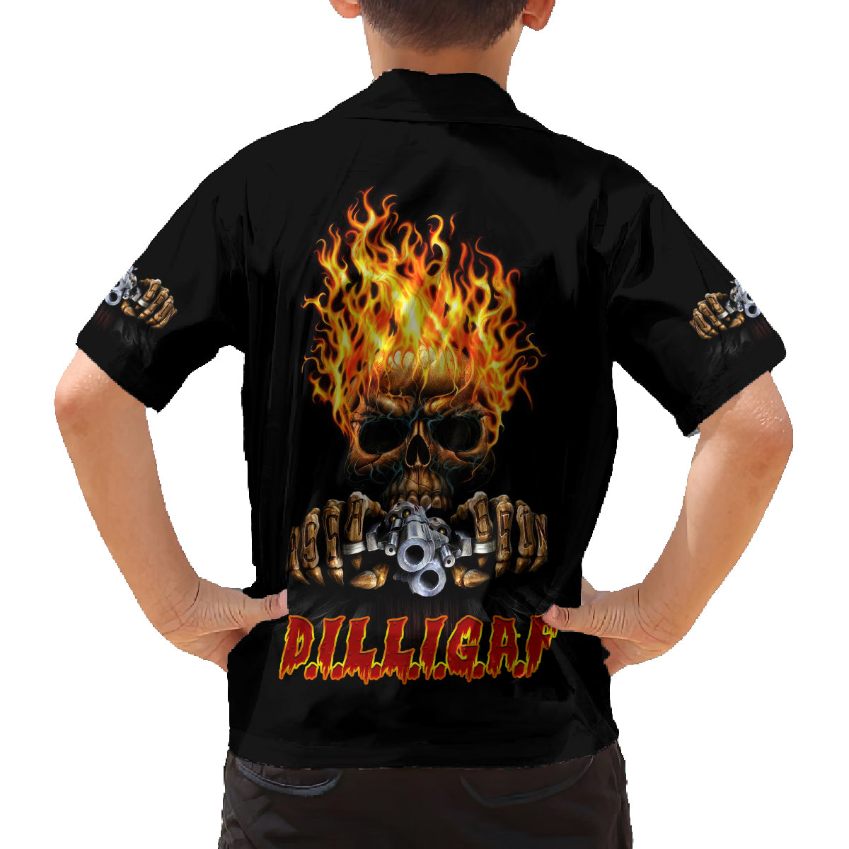 Dilligaf Flame Skull With G Family Matching Off Shoulder Long Sleeve Dress and Hawaiian Shirt - Wonder Print Shop