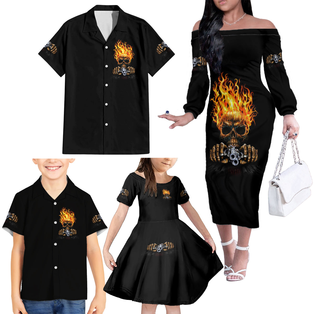 Dilligaf Flame Skull With G Family Matching Off Shoulder Long Sleeve Dress and Hawaiian Shirt - Wonder Print Shop