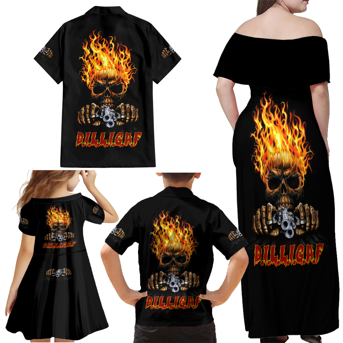 Dilligaf Flame Skull With G Family Matching Off Shoulder Maxi Dress and Hawaiian Shirt - Wonder Print Shop