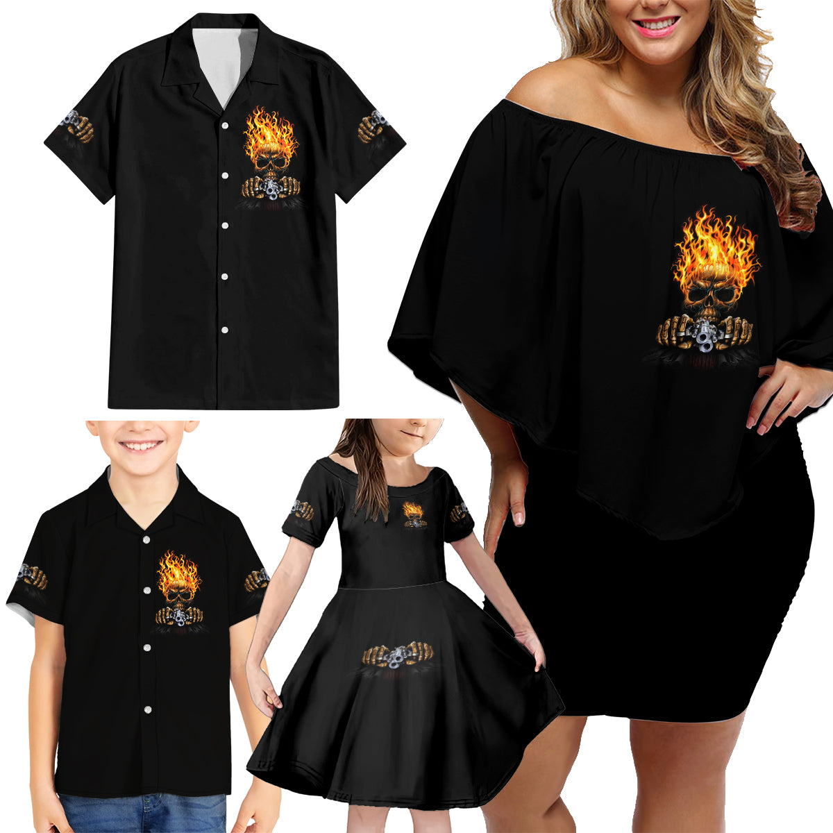 Dilligaf Flame Skull With G Family Matching Off Shoulder Short Dress and Hawaiian Shirt - Wonder Print Shop