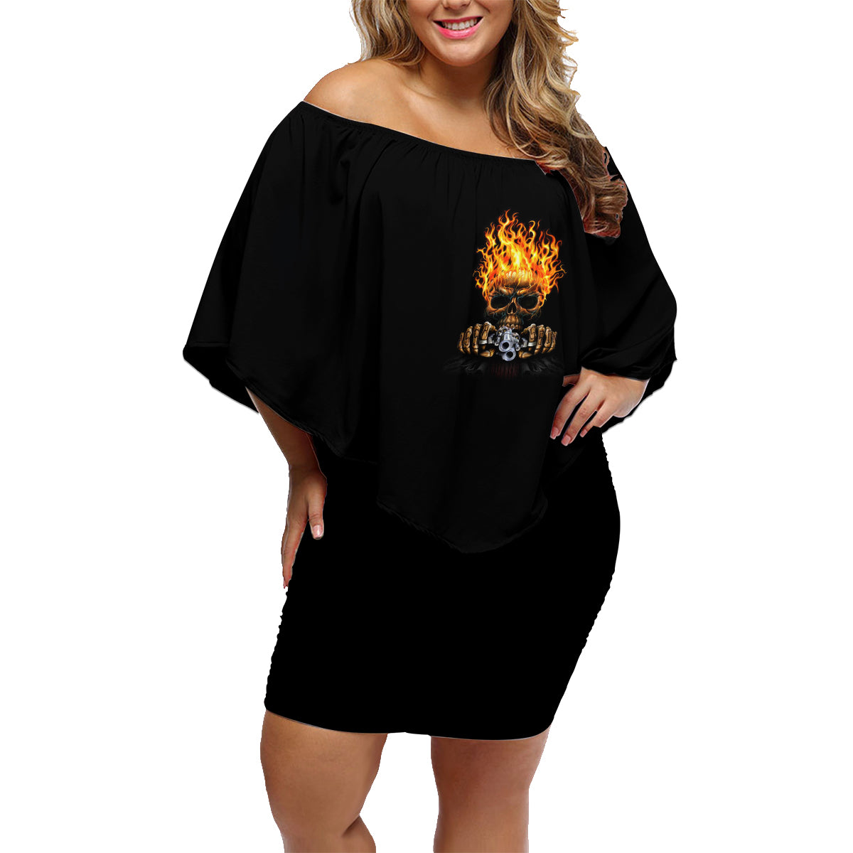 Dilligaf Flame Skull With G Family Matching Off Shoulder Short Dress and Hawaiian Shirt - Wonder Print Shop