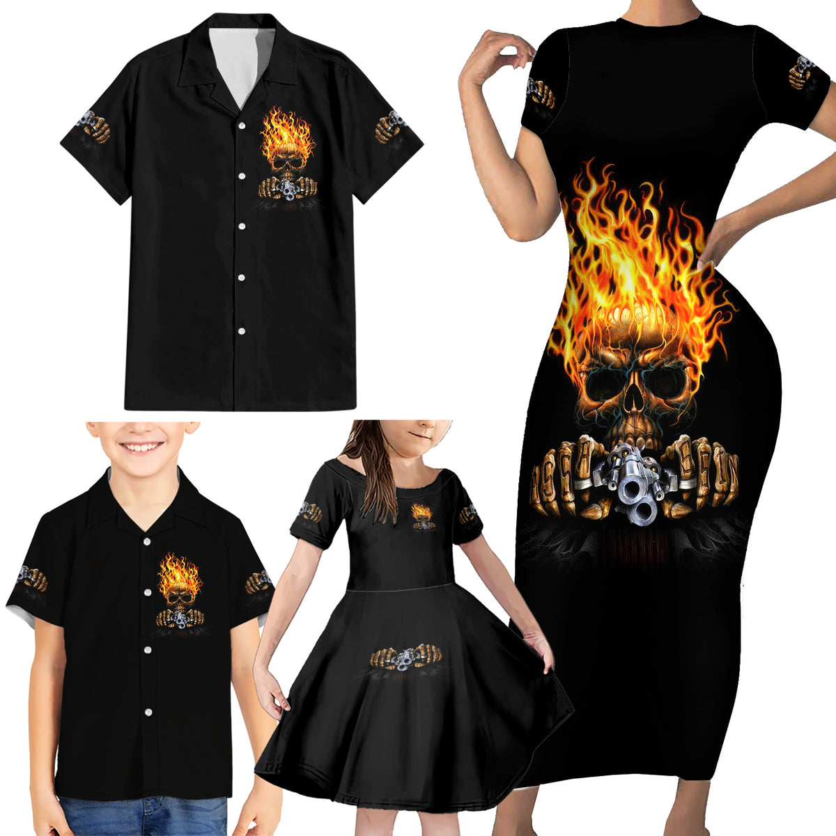 Dilligaf Flame Skull With G Family Matching Short Sleeve Bodycon Dress and Hawaiian Shirt - Wonder Print Shop