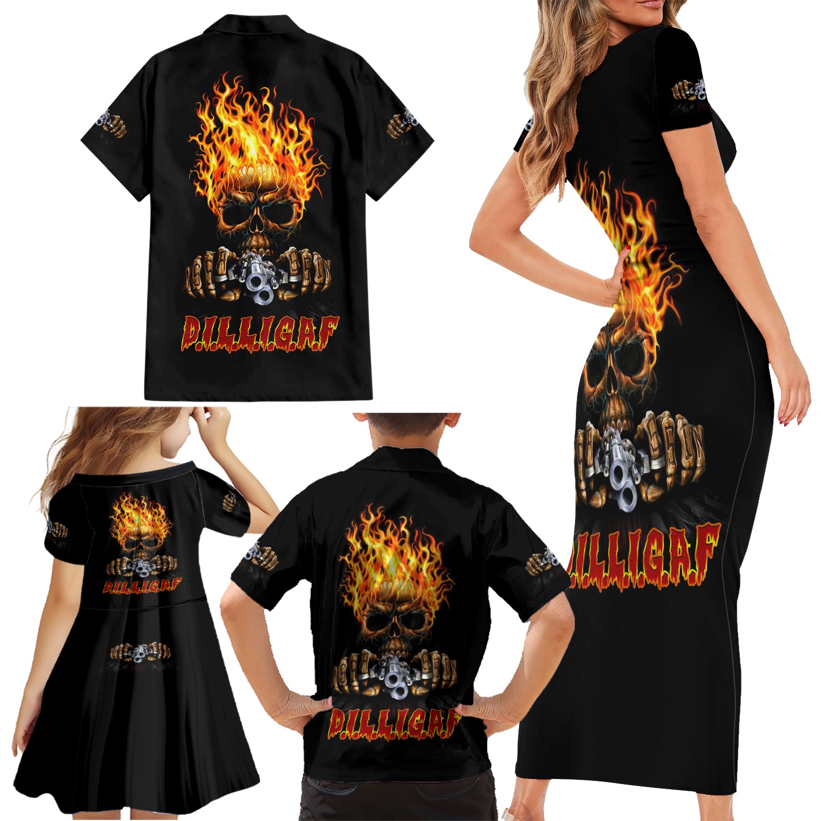 Dilligaf Flame Skull With G Family Matching Short Sleeve Bodycon Dress and Hawaiian Shirt - Wonder Print Shop