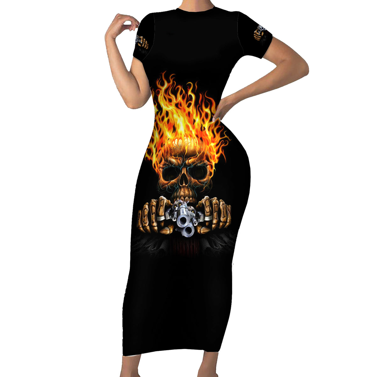 Dilligaf Flame Skull With G Family Matching Short Sleeve Bodycon Dress and Hawaiian Shirt - Wonder Print Shop