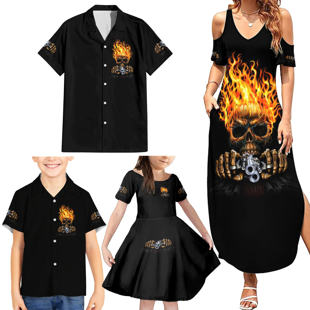 Dilligaf Flame Skull With G Family Matching Summer Maxi Dress and Hawaiian Shirt - Wonder Print Shop