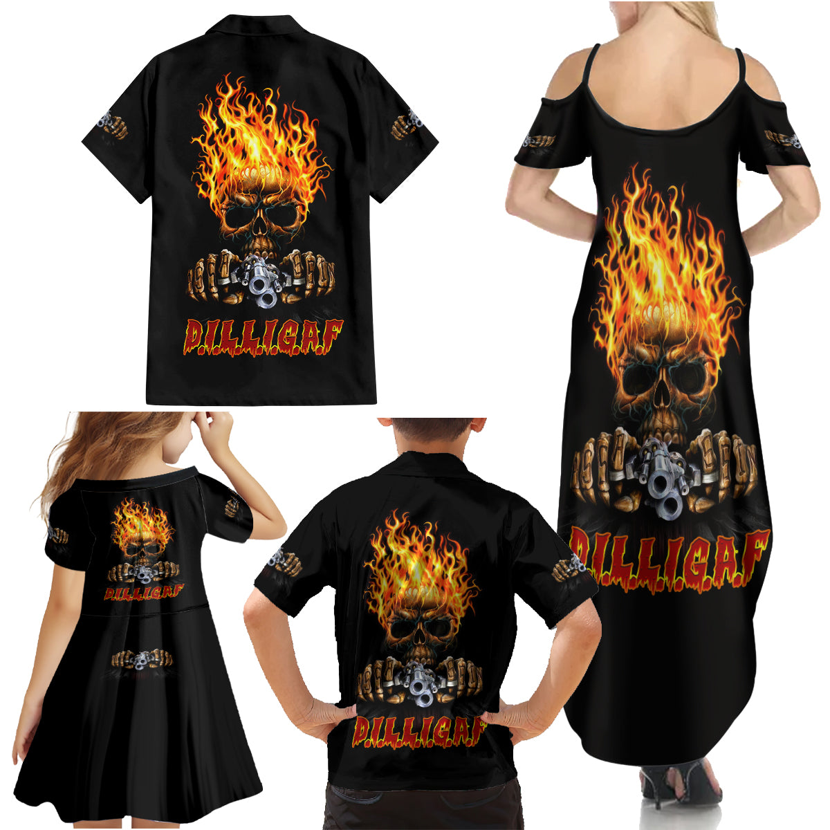 Dilligaf Flame Skull With G Family Matching Summer Maxi Dress and Hawaiian Shirt - Wonder Print Shop