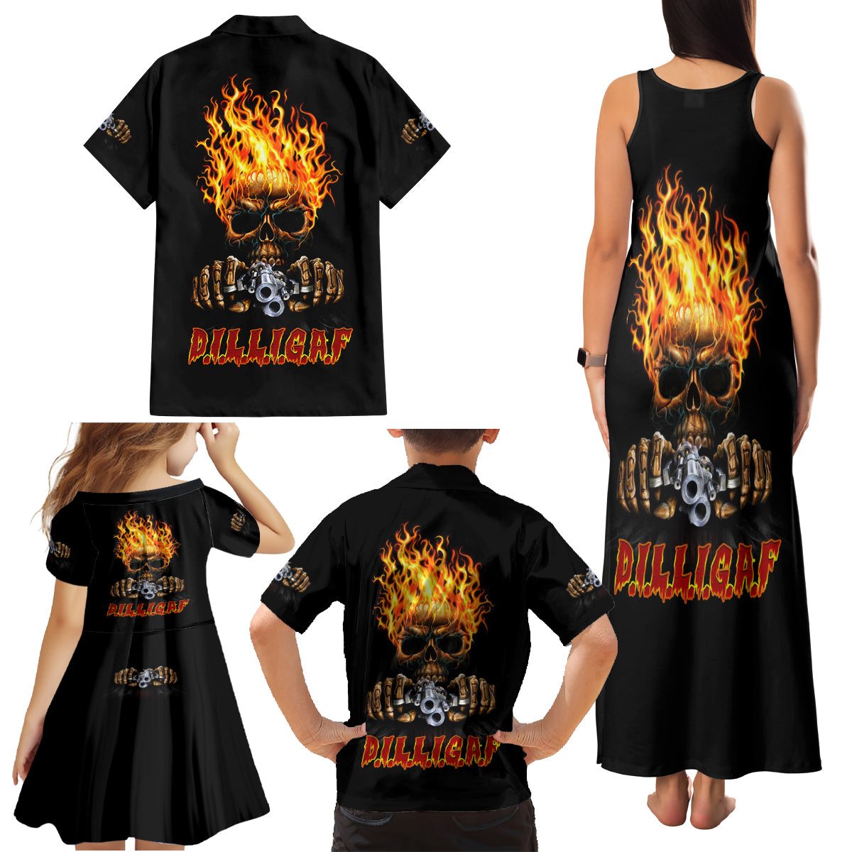 Dilligaf Flame Skull With G Family Matching Tank Maxi Dress and Hawaiian Shirt - Wonder Print Shop