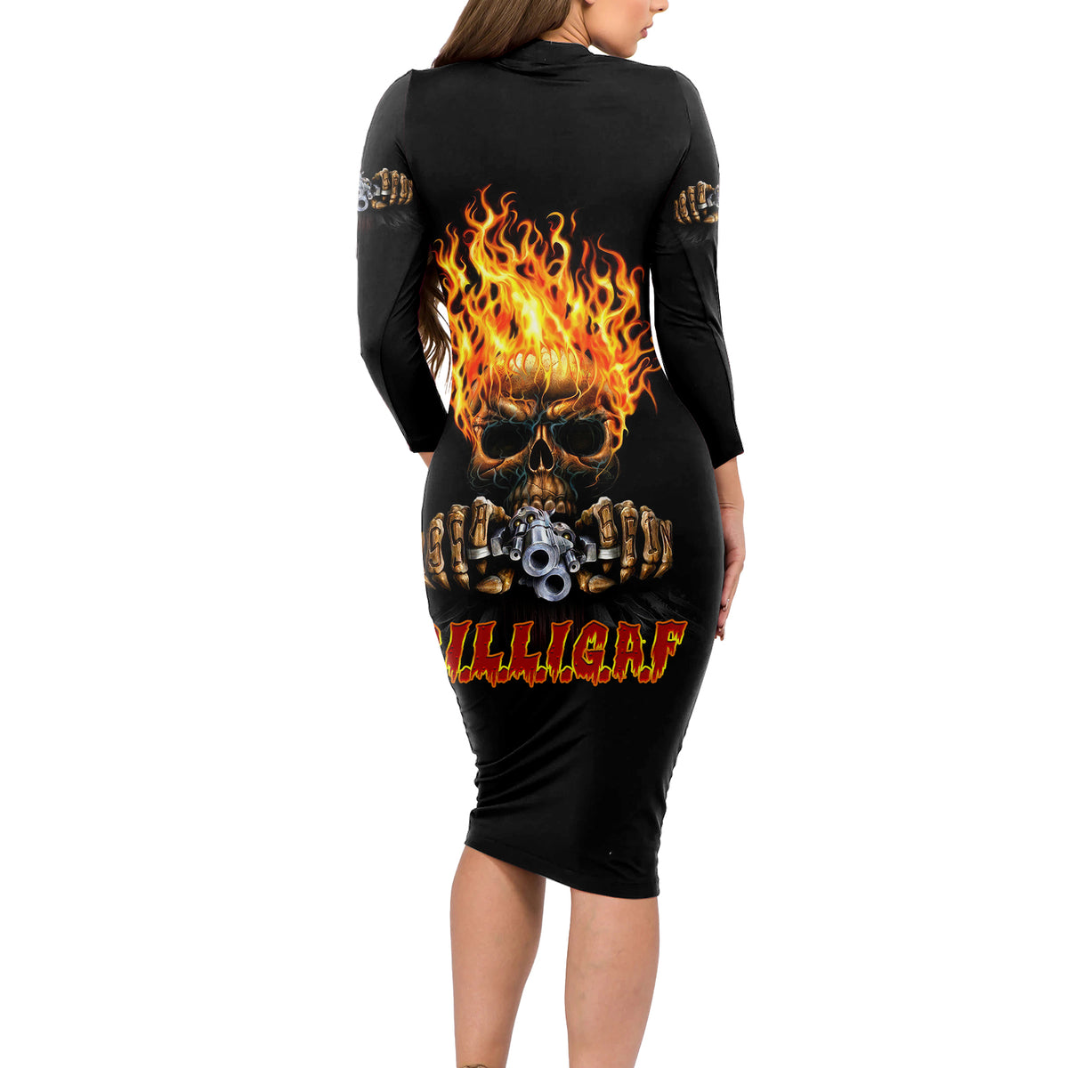 Dilligaf Flame Skull With G Long Sleeve Bodycon Dress - Wonder Print Shop