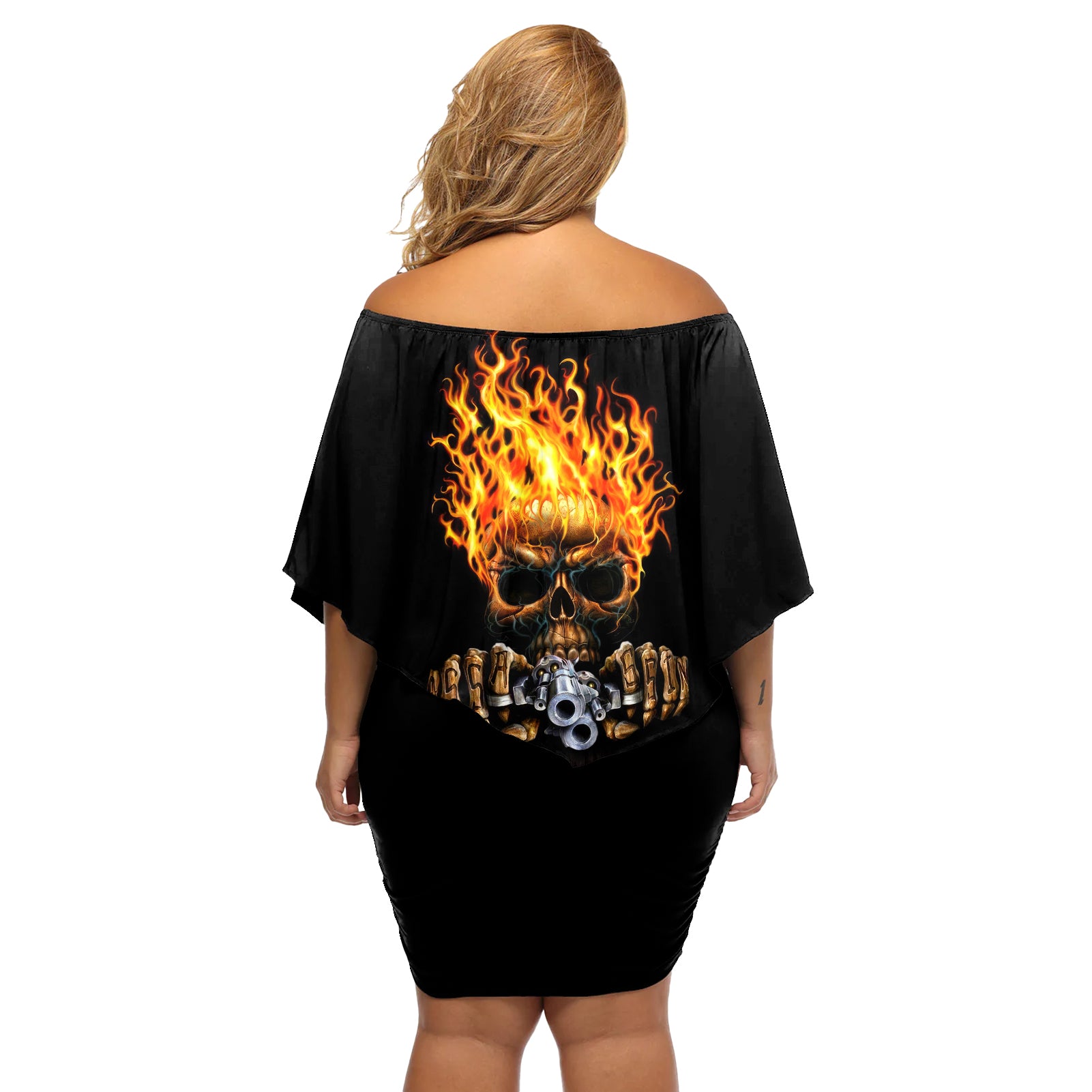 Dilligaf Flame Skull With G Off Shoulder Short Dress - Wonder Print Shop