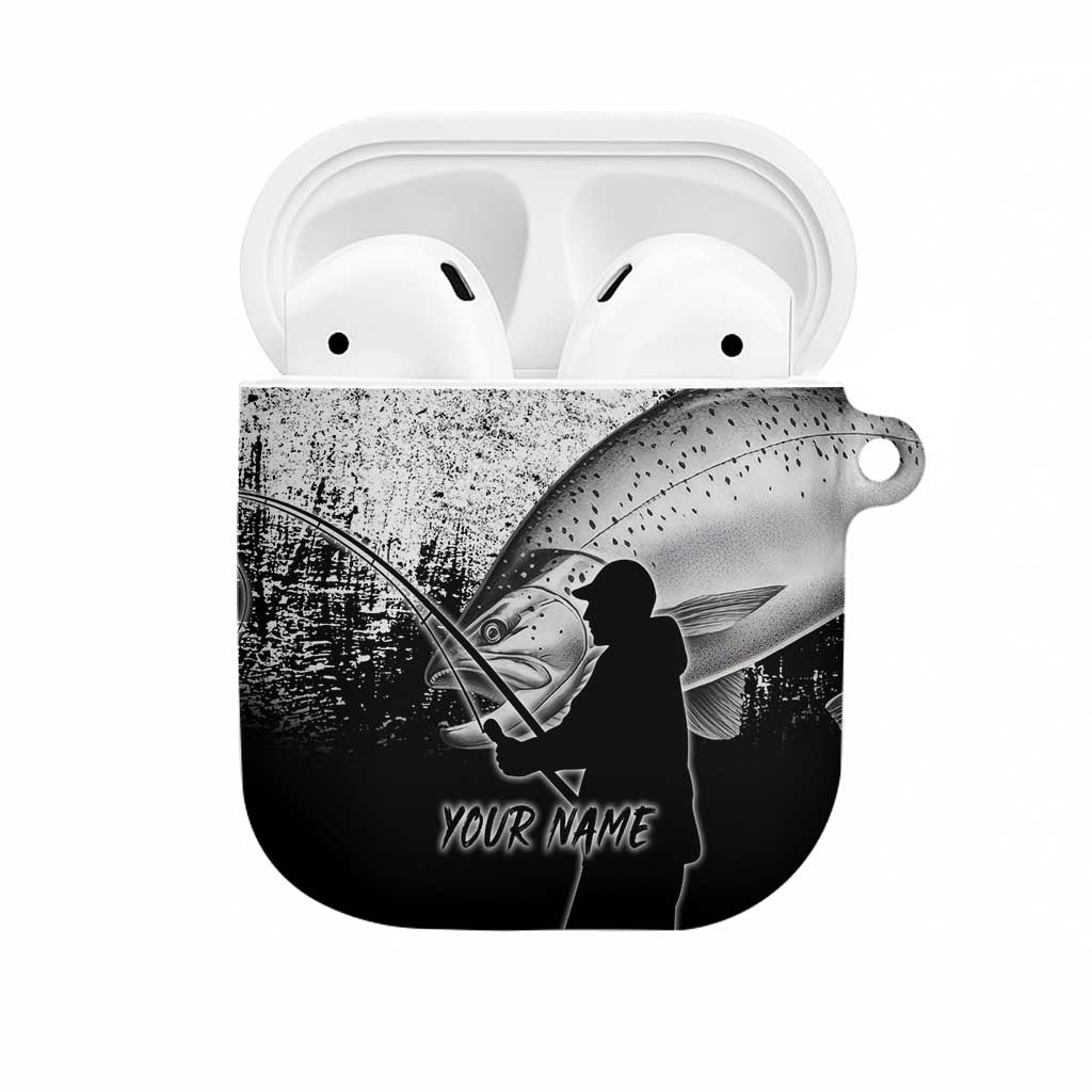 Custom Black and White King Salmon Fishing AirPods Case with Trout Fish Design Black and White Grunge Style - Wonder Print Shop
