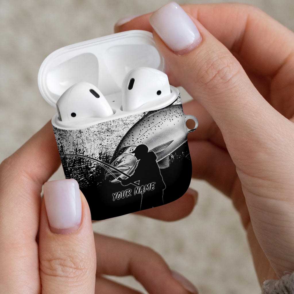 Custom Black and White King Salmon Fishing AirPods Case with Trout Fish Design Black and White Grunge Style - Wonder Print Shop