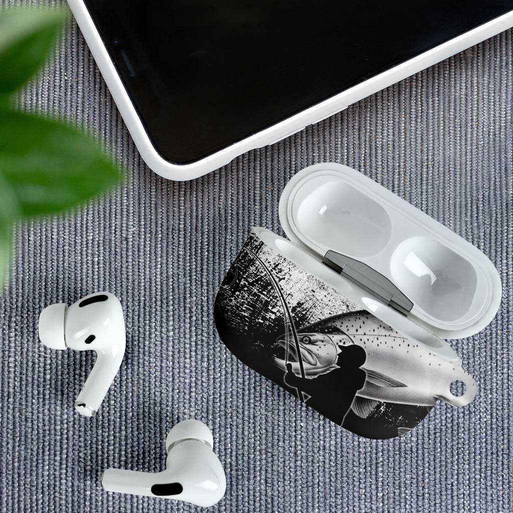 Custom Black and White King Salmon Fishing AirPods Case with Trout Fish Design Black and White Grunge Style - Wonder Print Shop