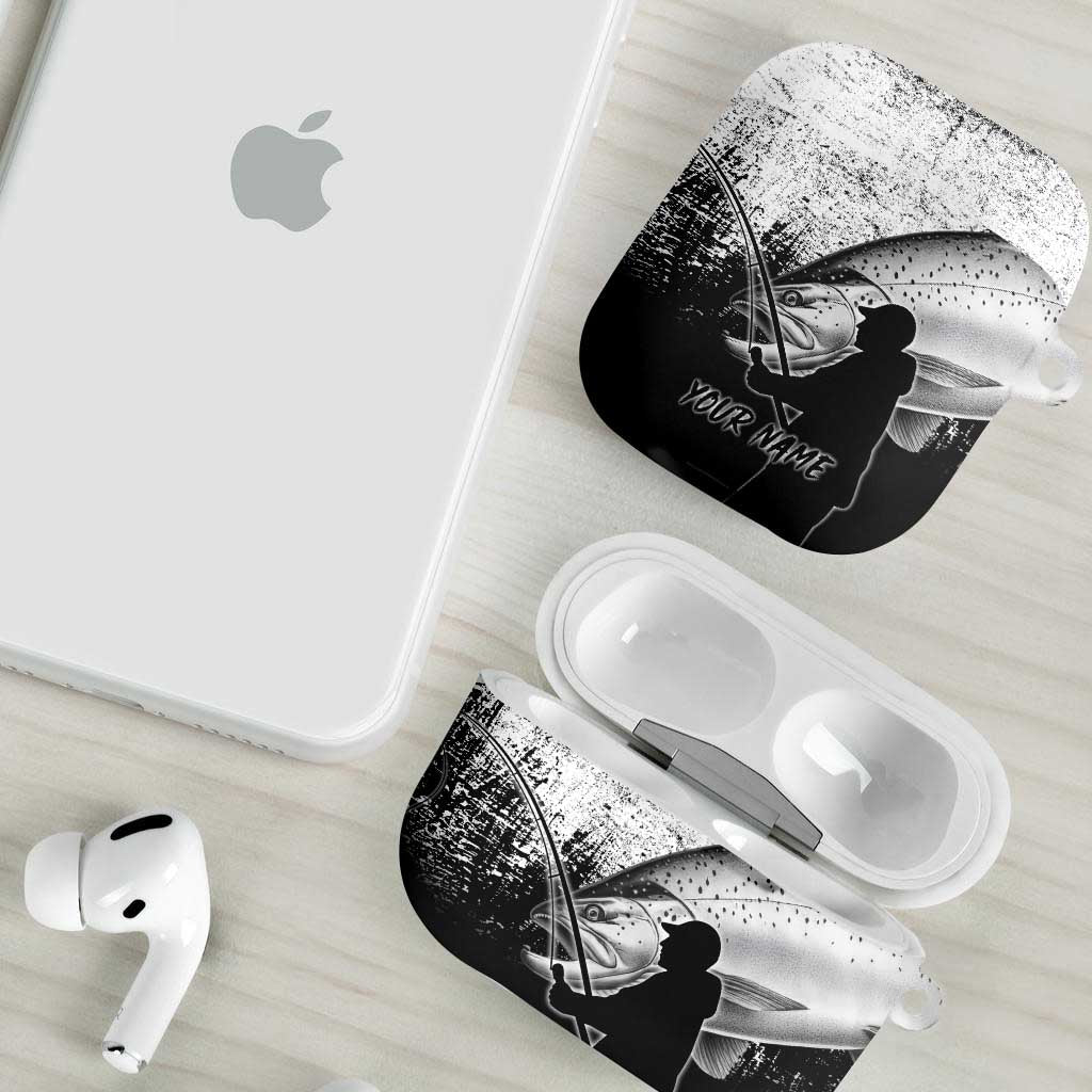 Custom Black and White King Salmon Fishing AirPods Case with Trout Fish Design Black and White Grunge Style - Wonder Print Shop