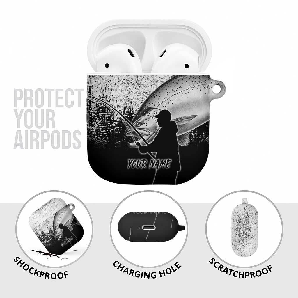 Custom Black and White King Salmon Fishing AirPods Case with Trout Fish Design Black and White Grunge Style - Wonder Print Shop