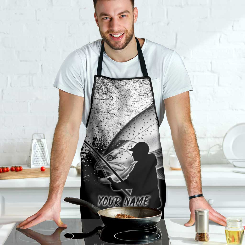 Custom Black and White King Salmon Fishing Apron with Trout Fish Design Black and White Grunge Style - Wonder Print Shop