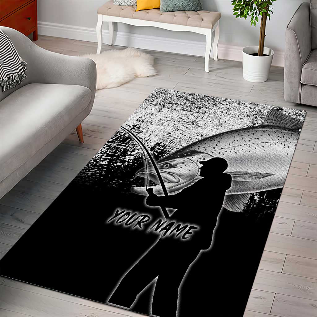 Custom Black and White King Salmon Fishing Area Rug with Trout Fish Design Black and White Grunge Style - Wonder Print Shop