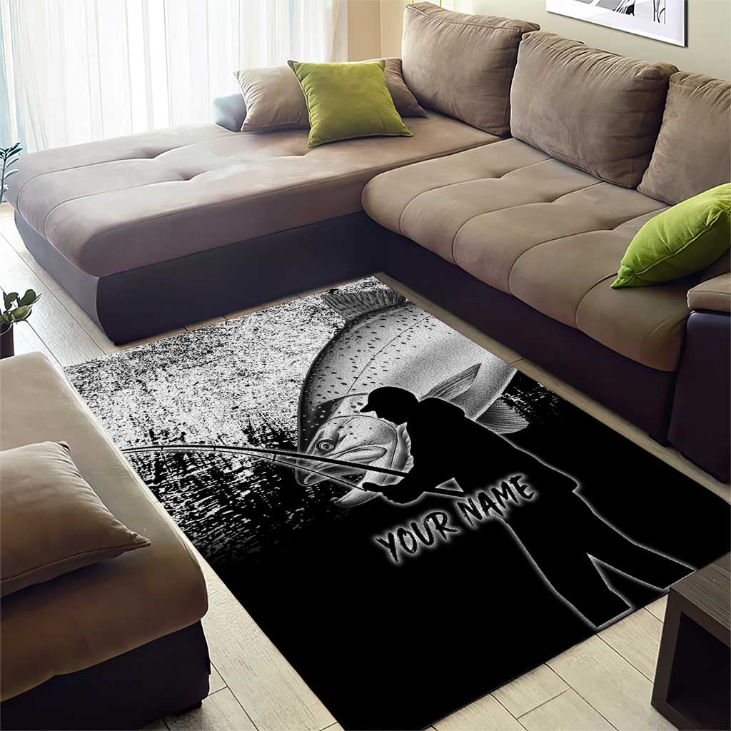 Custom Black and White King Salmon Fishing Area Rug with Trout Fish Design Black and White Grunge Style - Wonder Print Shop