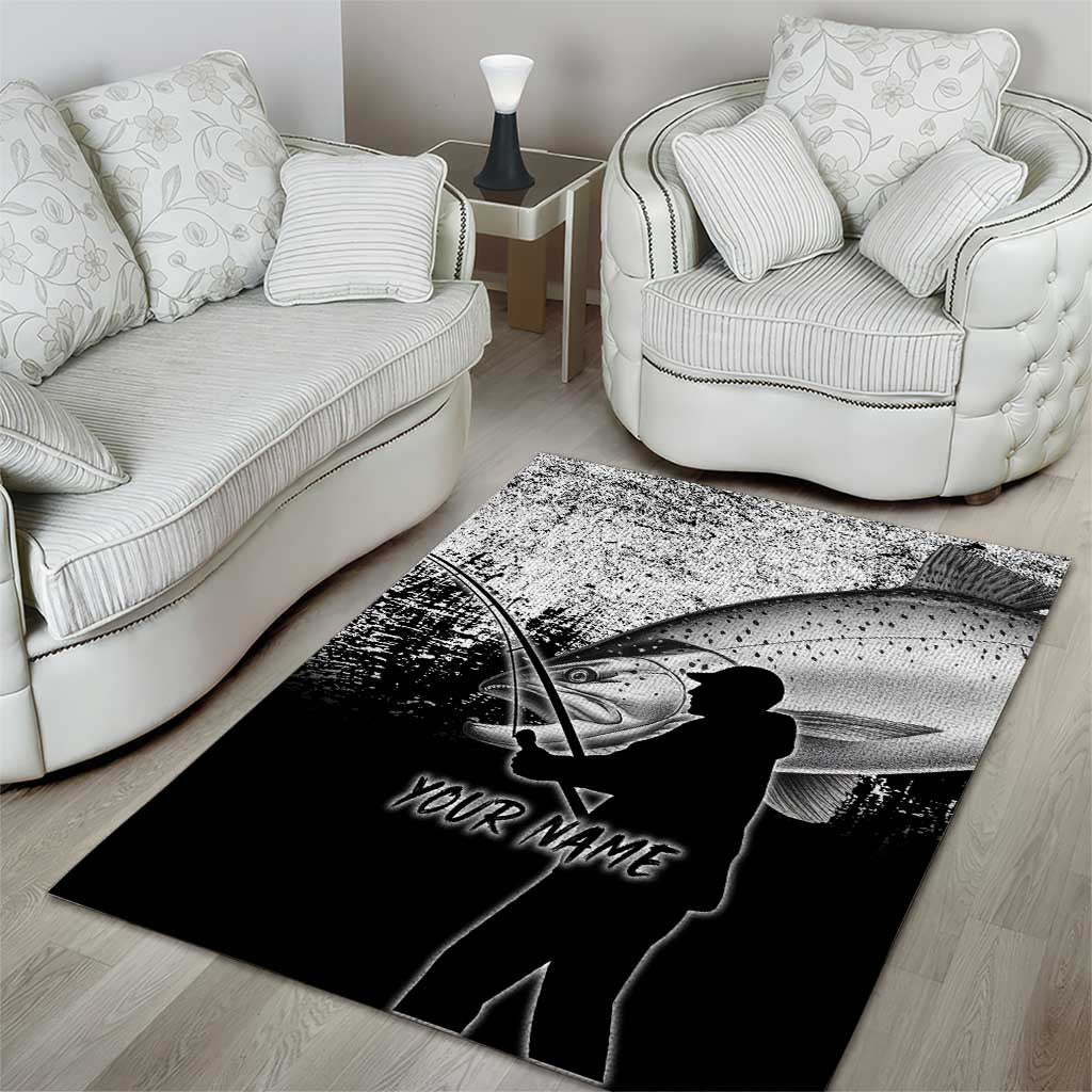 Custom Black and White King Salmon Fishing Area Rug with Trout Fish Design Black and White Grunge Style - Wonder Print Shop