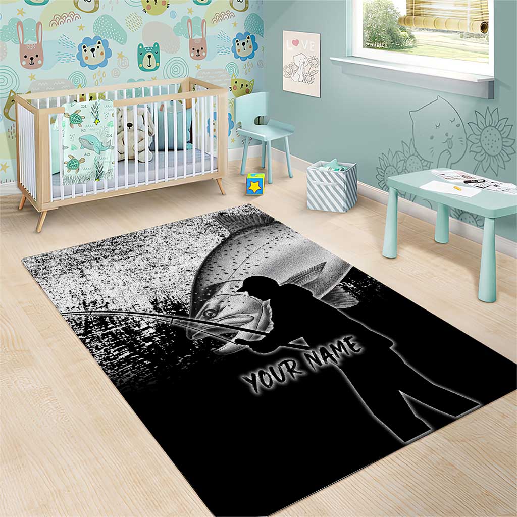 Custom Black and White King Salmon Fishing Area Rug with Trout Fish Design Black and White Grunge Style - Wonder Print Shop
