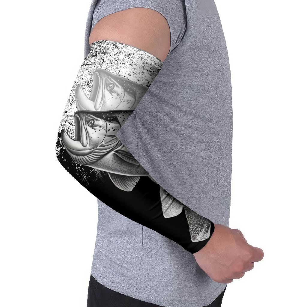 Custom Black and White King Salmon Fishing Arm Sleeves with Trout Fish Design Black and White Grunge Style - Wonder Print Shop