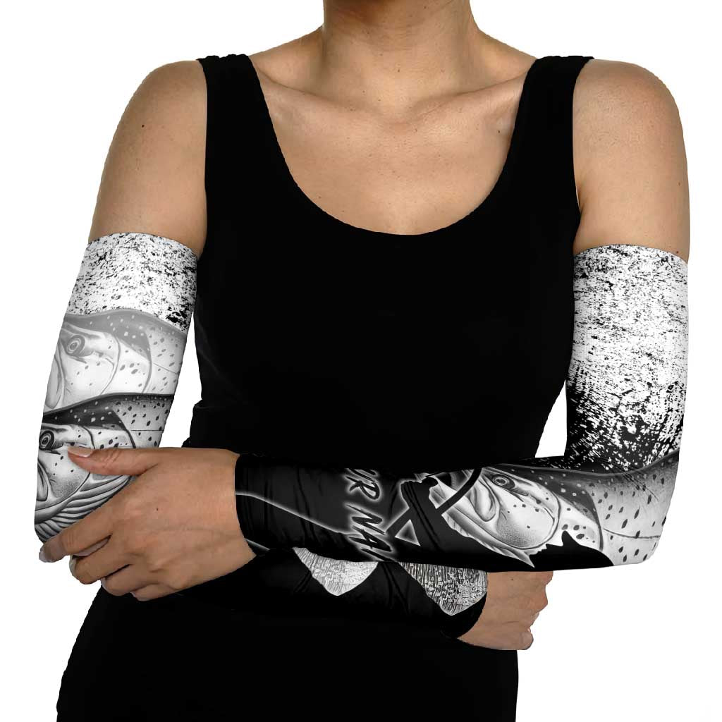 Custom Black and White King Salmon Fishing Arm Sleeves with Trout Fish Design Black and White Grunge Style - Wonder Print Shop