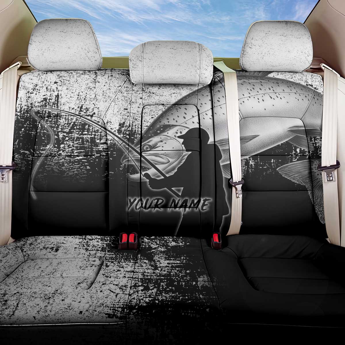Custom Black and White King Salmon Fishing Back Car Seat Cover with Trout Fish Design Black and White Grunge Style - Wonder Print Shop