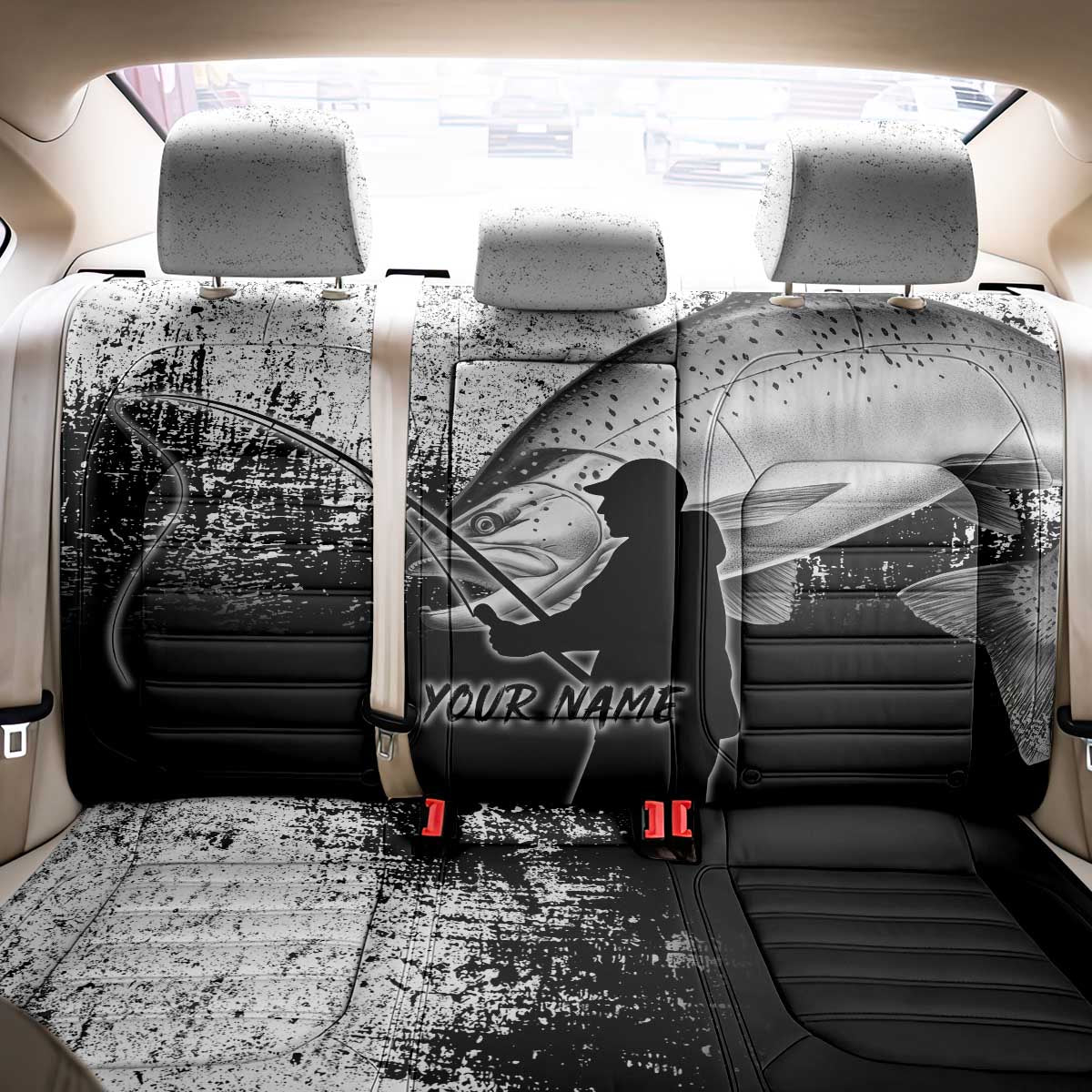 Custom Black and White King Salmon Fishing Back Car Seat Cover with Trout Fish Design Black and White Grunge Style - Wonder Print Shop