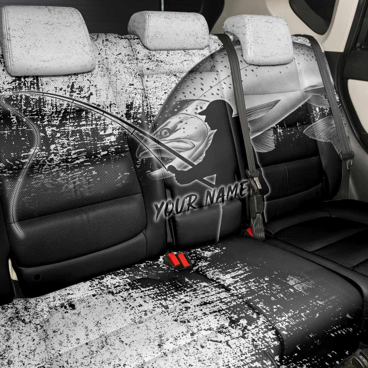 Custom Black and White King Salmon Fishing Back Car Seat Cover with Trout Fish Design Black and White Grunge Style - Wonder Print Shop