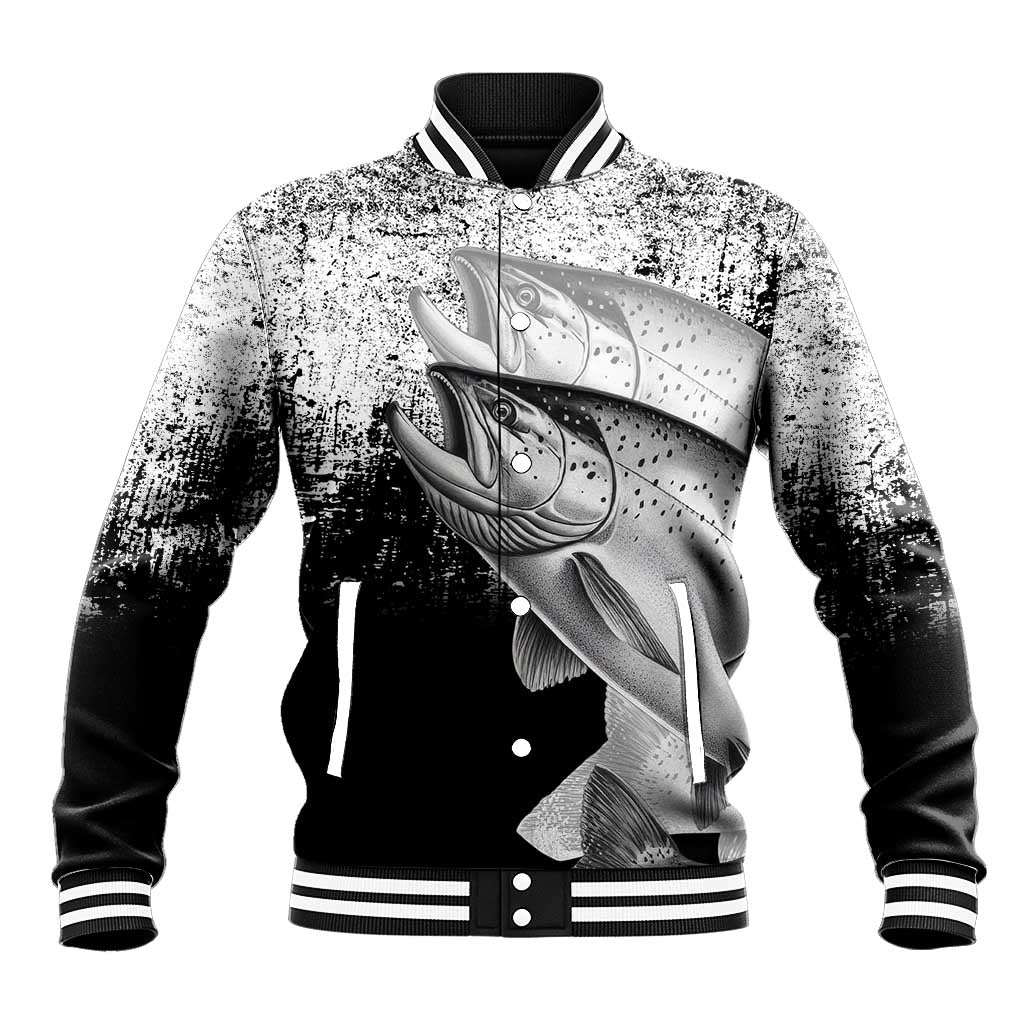 Custom Black and White King Salmon Fishing Baseball Jacket with Trout Fish Design Black and White Grunge Style - Wonder Print Shop