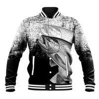 Custom Black and White King Salmon Fishing Baseball Jacket with Trout Fish Design Black and White Grunge Style - Wonder Print Shop