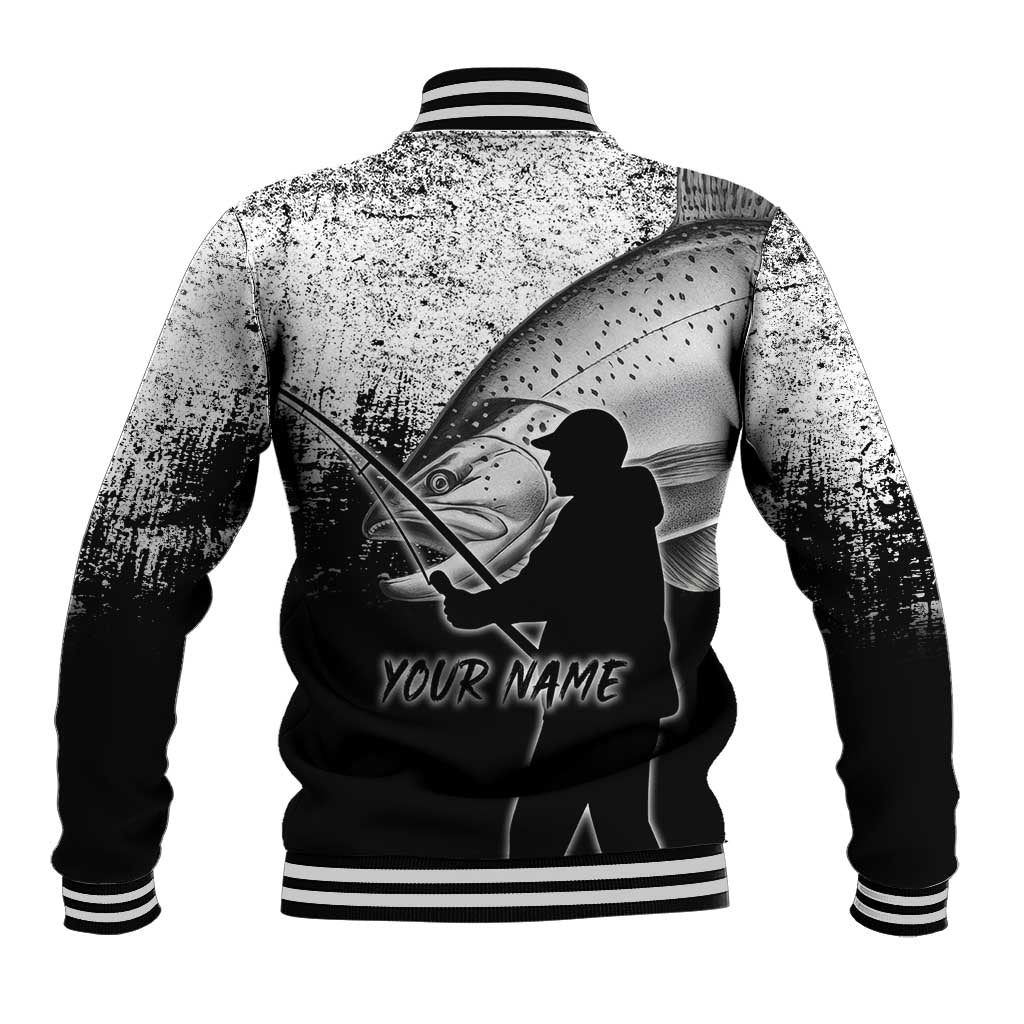 Custom Black and White King Salmon Fishing Baseball Jacket with Trout Fish Design Black and White Grunge Style - Wonder Print Shop