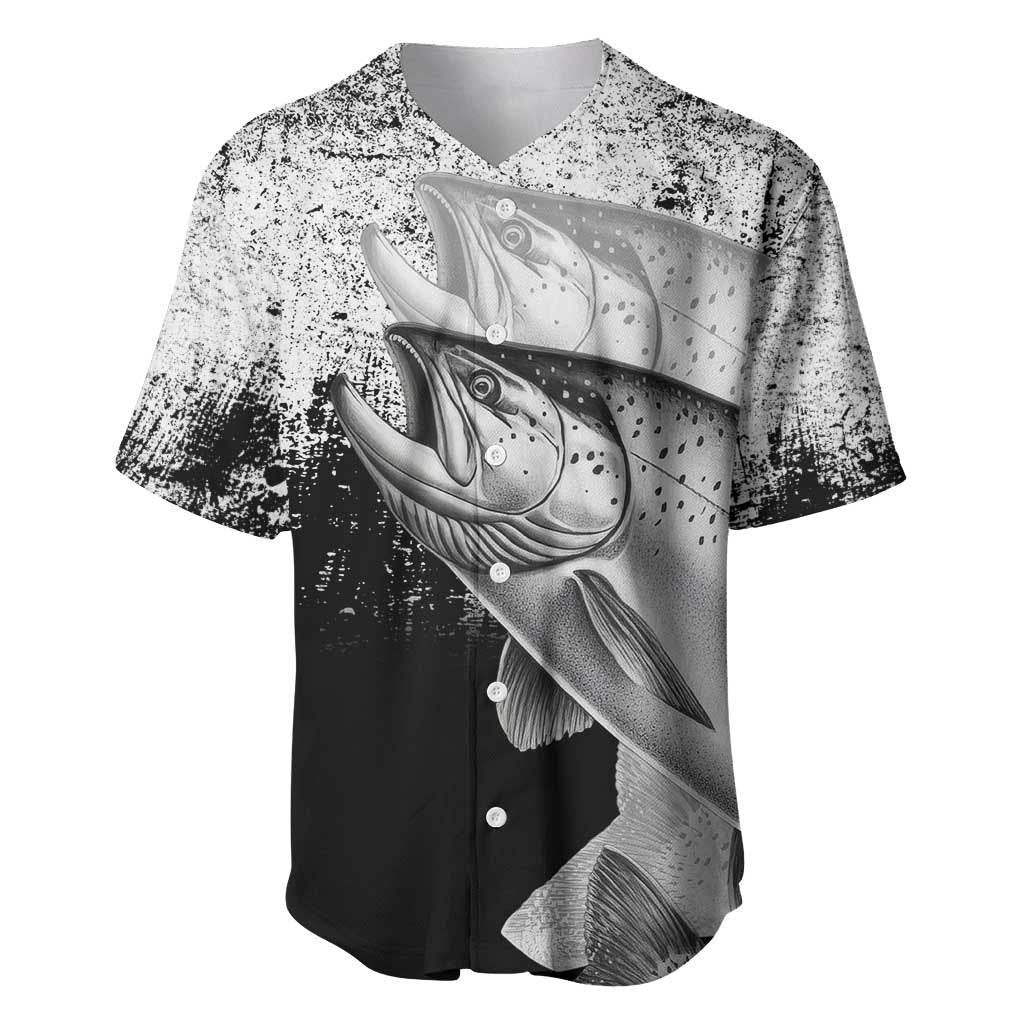 Custom Black and White King Salmon Fishing Baseball Jersey with Trout Fish Design Black and White Grunge Style - Wonder Print Shop