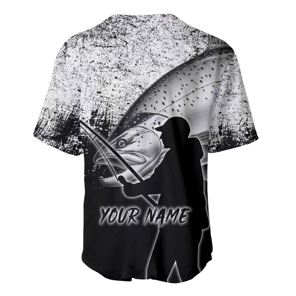 Custom Black and White King Salmon Fishing Baseball Jersey with Trout Fish Design Black and White Grunge Style - Wonder Print Shop