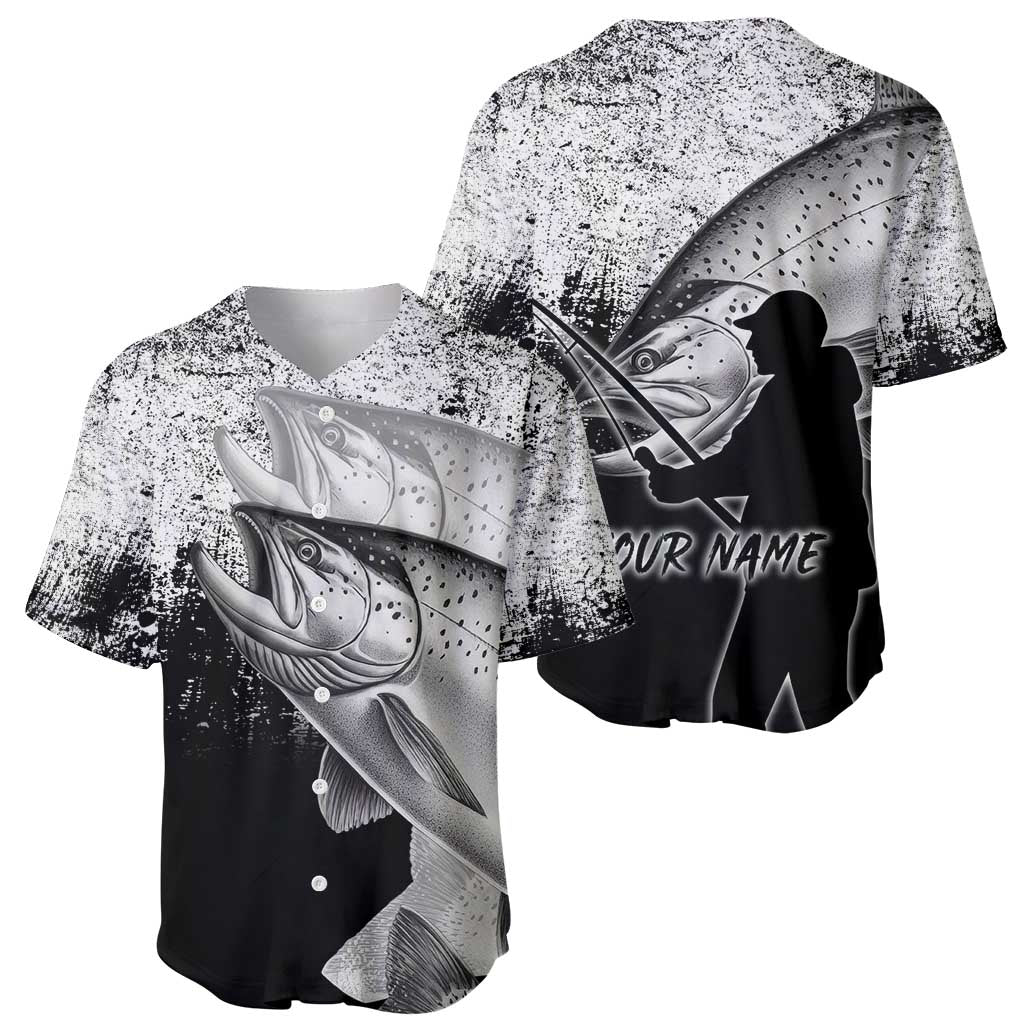 Custom Black and White King Salmon Fishing Baseball Jersey with Trout Fish Design Black and White Grunge Style - Wonder Print Shop