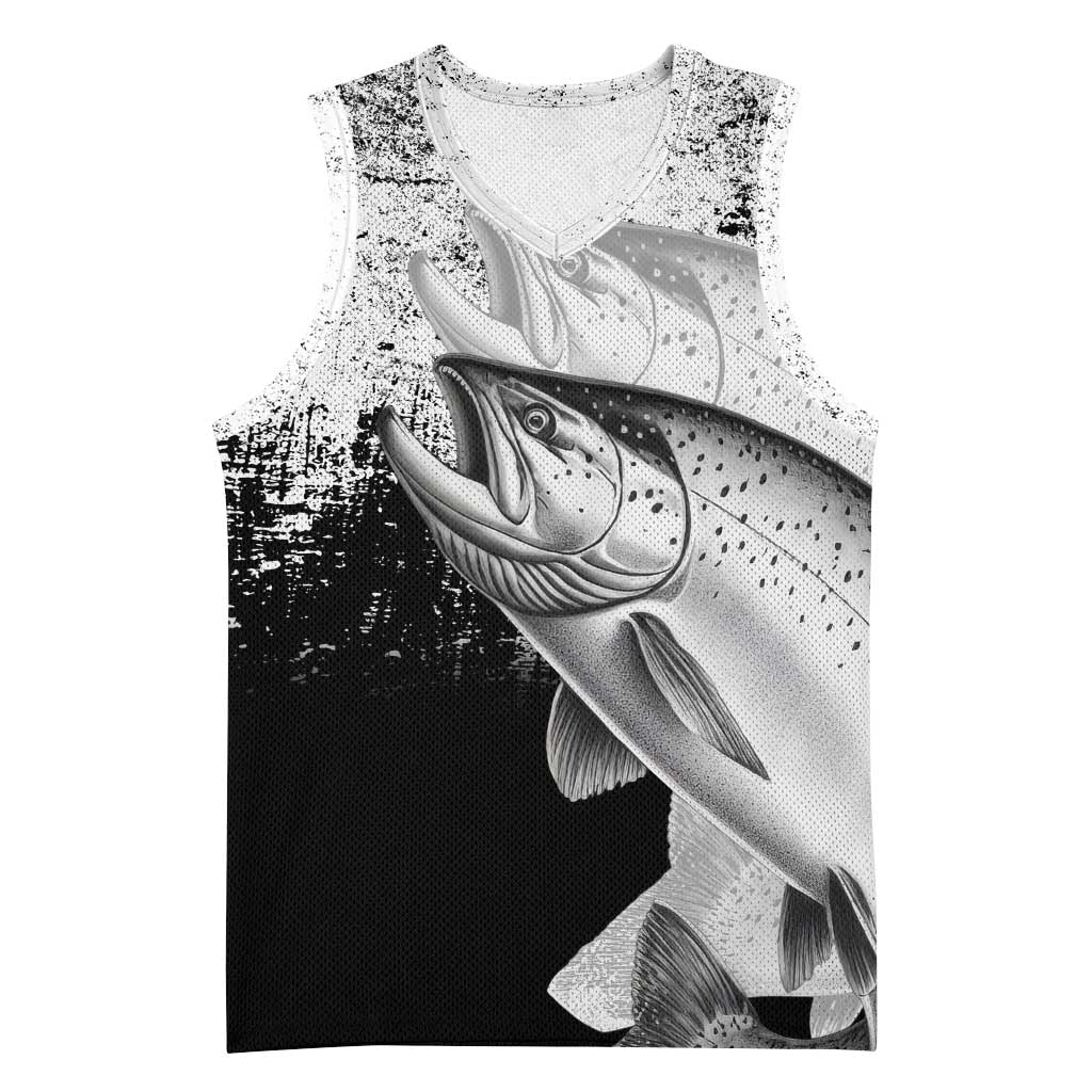 Custom Black and White King Salmon Fishing Basketball Jersey with Trout Fish Design Black and White Grunge Style - Wonder Print Shop