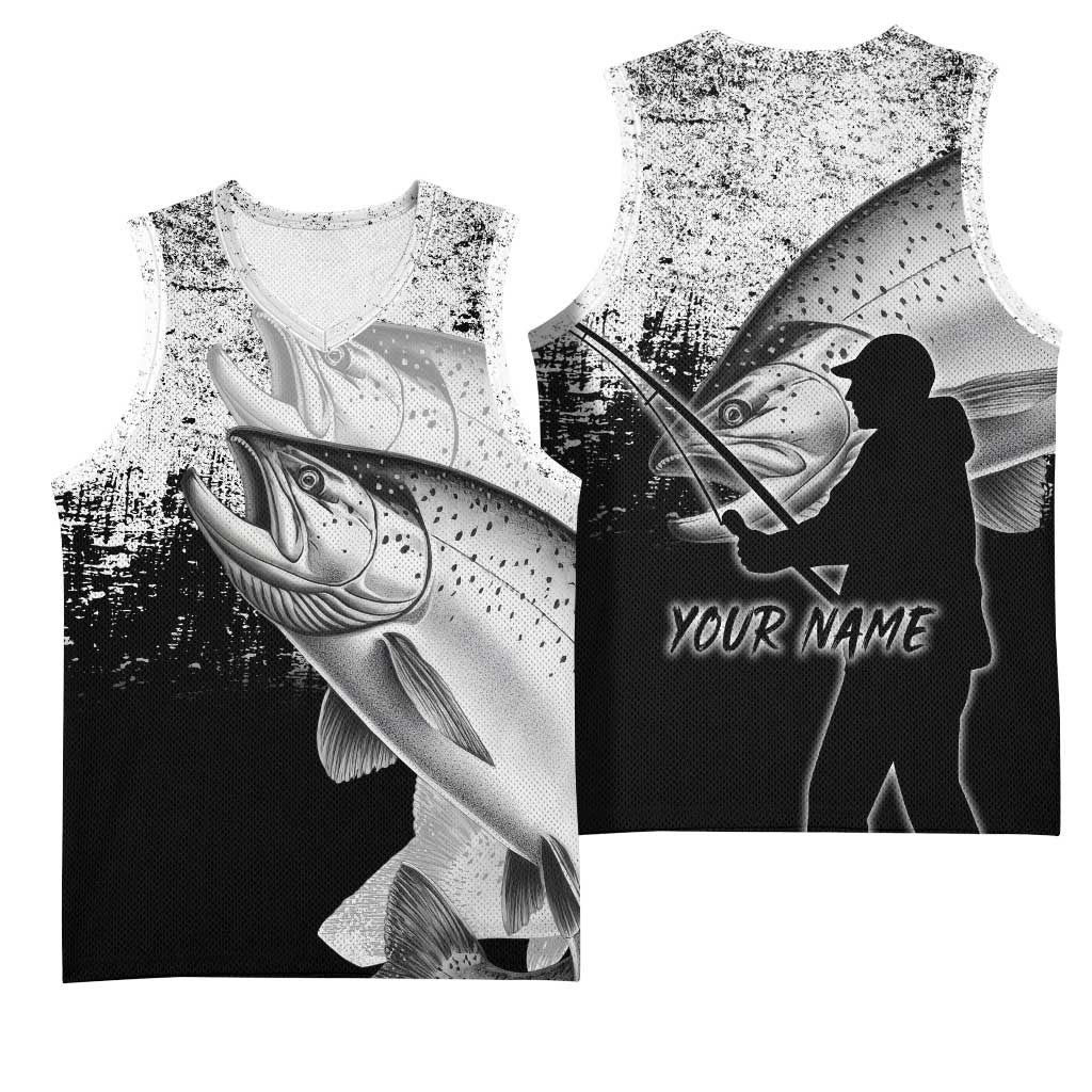 Custom Black and White King Salmon Fishing Basketball Jersey with Trout Fish Design Black and White Grunge Style - Wonder Print Shop