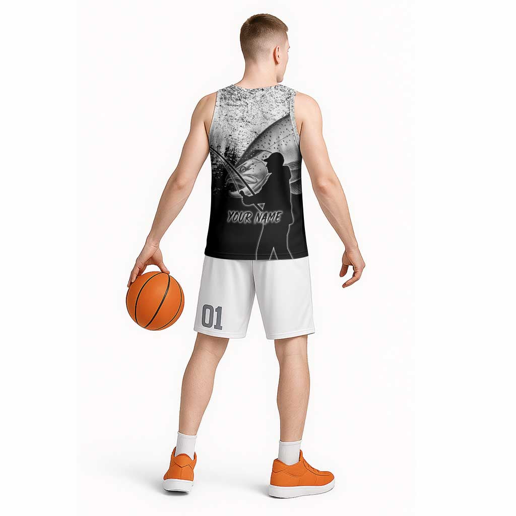 Custom Black and White King Salmon Fishing Basketball Jersey with Trout Fish Design Black and White Grunge Style - Wonder Print Shop