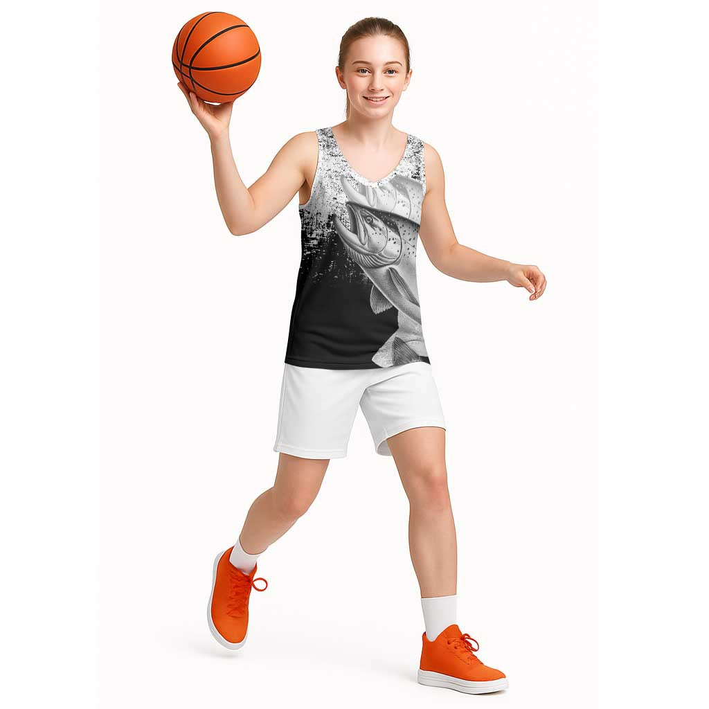 Custom Black and White King Salmon Fishing Basketball Jersey with Trout Fish Design Black and White Grunge Style - Wonder Print Shop
